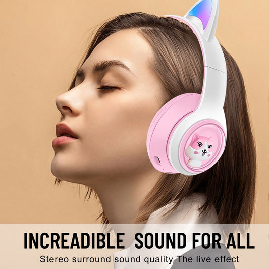 AKZ-07 Oreilles de chat lumineuses (pain cuit à la vapeur en forme d'oreilles de chat) Casque Bluetooth serre-tête Subwoofer Casque de jeu vidéo sans fil